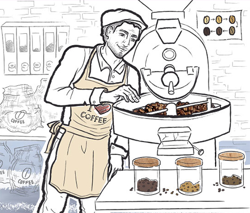 Zeichnung von Kaffeerösterei und Röstmeister